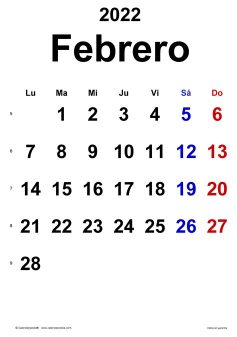 Calendario Febrero 2022 En Word Excel Y Pdf Calendarpedia