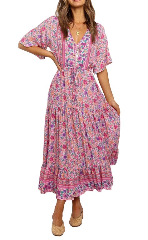 Rvivimos Womens Summer Floral Print Cotton Short Sleeve Flowy Dress