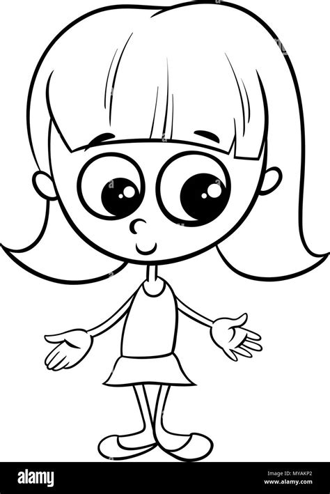 Black And White Cartoon Illustration Of Cute Little Girl Character