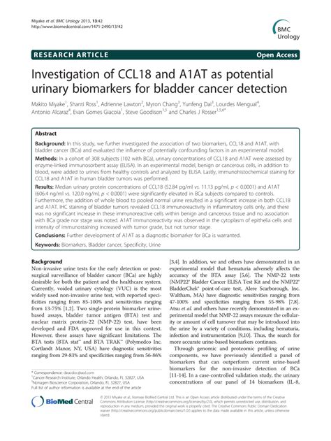PDF Investigation Of CCL18 And A1AT As Potential Urinary Biomarkers