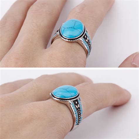 925 Sterling Silver Turquoise Ring Oval Sky Blue Stone Life Track