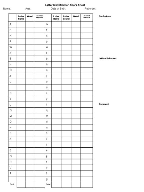 Letter Identification Score Sheet Pdf