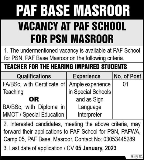 Paf Base Masroor Paf School Teaching Jobs 2023 2024 Job Advertisement