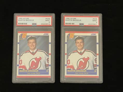 This card should have an excellent roi moving forward, and could get even better as collectors realize just how good brodeur was (and this was a time of massive goal scoring). Lot - (2) PSA 9 (Mint) 1990 Score Martin Brodeur Rookie #439 Hockey Cards - HOF