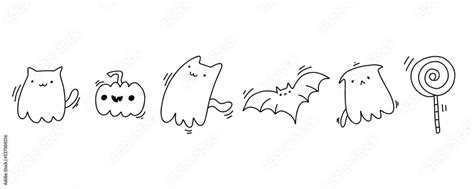 halloween cat ghost in cute kawaii sketch style doodle little ghost bat pumpkin candy funny