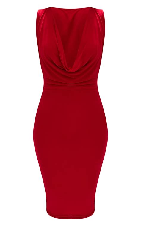 Red Slinky Cowl Neck Midi Dress Prettylittlething Aus