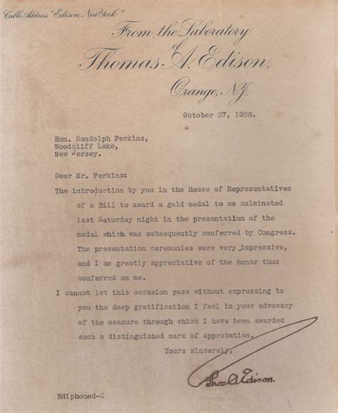 Thomas Edison Thanks Congress For Awarding Him The Congressional Gold Medal For Inventions That