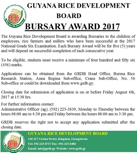 Application For Bursary Award 2017 Guyana Rice Development Board