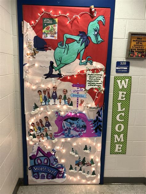A Door Decorated With Christmas Lights And Pictures On The Front Along