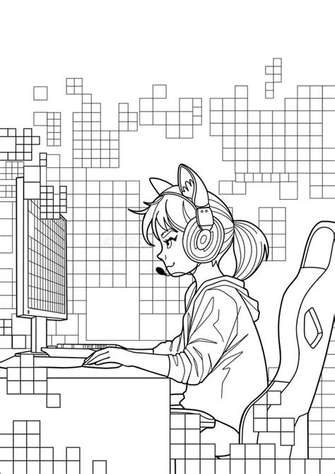 Girl Gamer Or Streamer With A Headset Sits In Front Of A Computer Stock