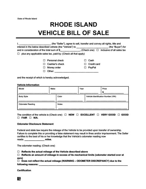 Rhode Island Bill Of Sale Template