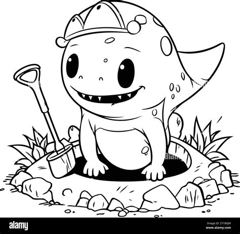 Black And White Vector Illustration Of A Cute Dinosaur Digging A Hole