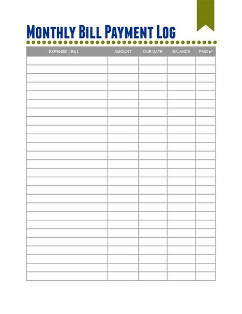 Free Printable Monthly Bill Payment Log