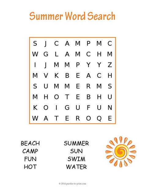 Printable Summer Word Search For Kids