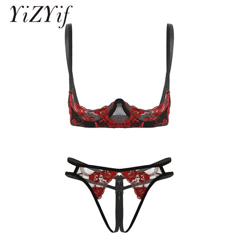 Exotic Apparel Yizyif Womens Lace Floral Open Cup Exposed Bare Breasts Nipples Lingerie Bra Top