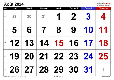 Calendrier Août 2024 Excel Word Et Pdf Calendarpedia