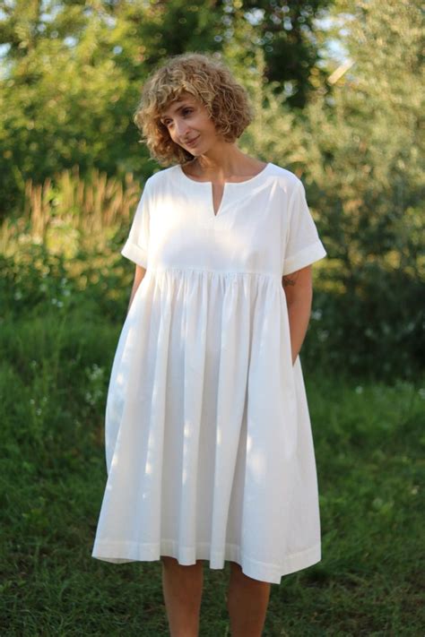 White Cotton Dress With Short Folded Sleeves Offon Clothing Etsy