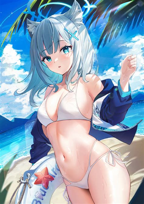 Blue Eyes Blue Hair Anime Anime Girls Bikini Cat Ears Floater Beach Sand Clouds Blue