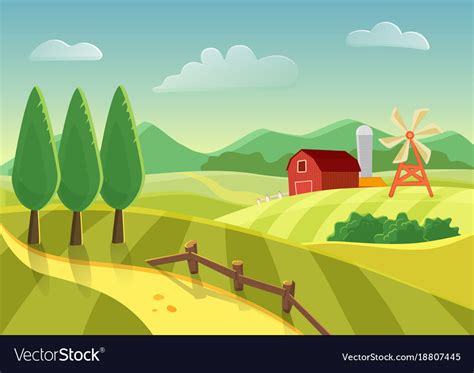 Cartoon Farm Landscape Field With Farmers Vector Image