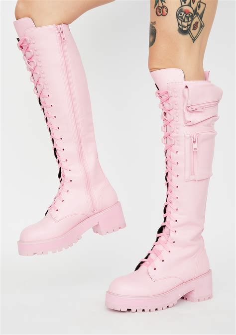 Sugar Thrillz Light Pink Obsidian Pocket Combat Boots Dolls Kill
