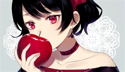 Wallpaper Anime Girl Eating Apple Black Hair Red Eyes Earring