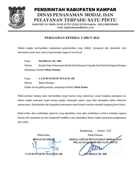 Perjanjian Kinerja Website Resmi Dpmptsp Kabupaten Kampar