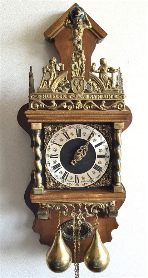 Large Warmink Dutch Vintage Weight Driven Nut Wood Zaanse Wall Clock