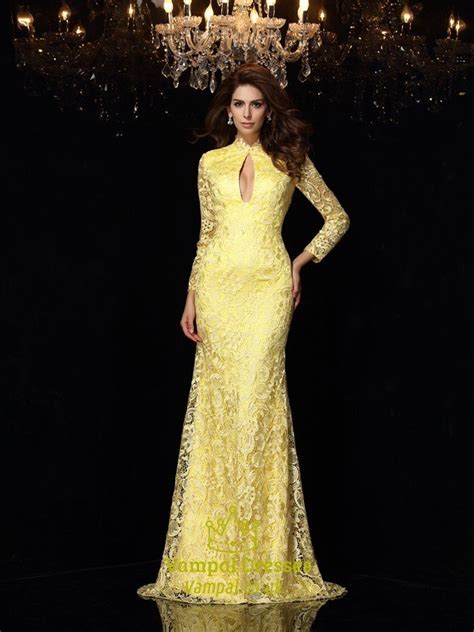 Yellow Lace Long Sleeve Open Back Mermaid Prom Gown With Keyhole Front Vampal Dresses