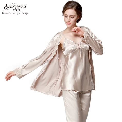3 Pcs Luxurious Women Pajama Sets 2018 Autumn New Faux Silk Solid Lace Ladies Pajamas Female