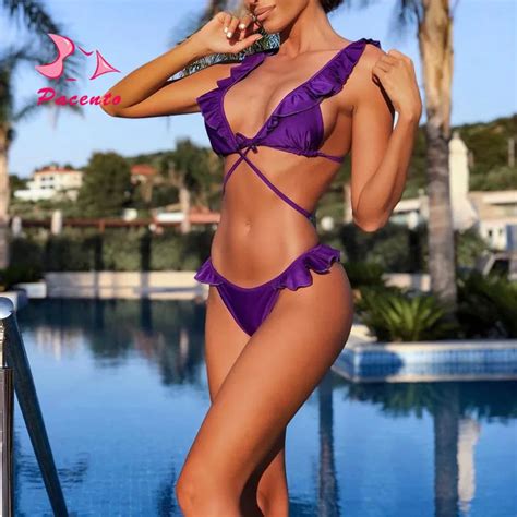 Ruffle Bandage Front Strings Bikinis Set Women 2018 Swimwear Female Purple Swimsuits Summer Two