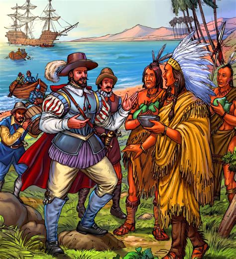 Spanish Conquistador Juan Ponce De León Meeting Native American Indians