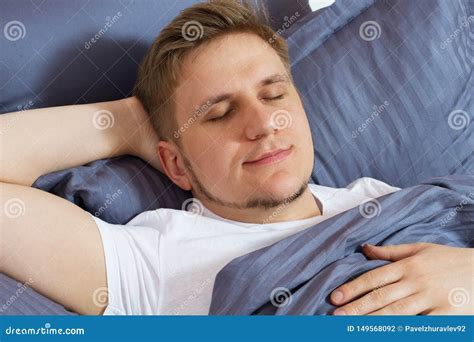 Portrait Cute Young Man Sleeping On Bed Bedroom Stock Photo Image Of
