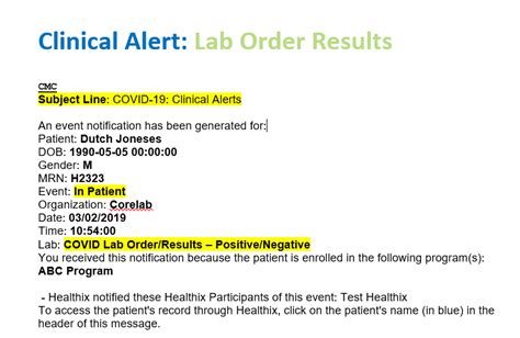 Users can scan a table showing. Examples of COVID-19 Alerts | Healthix