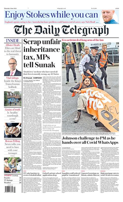 Daily Telegraph Front Page 1st Of June 2023 Tomorrows Papers Today