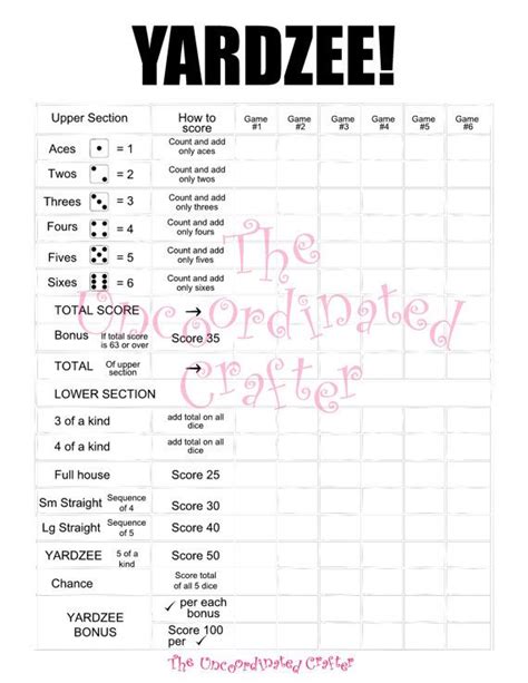 Yardzee Score Card Printable File Diy Yardzee Scorecard Digital File
