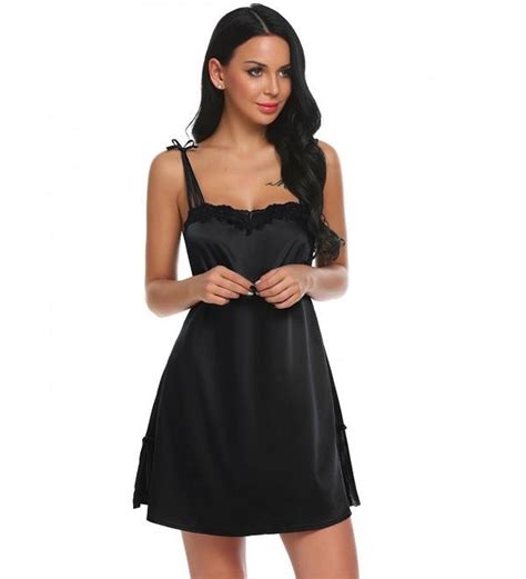 Sexy Satin Nightshirts Spaghetti Strap Chemises Slip Nightgown Sleepwear Black Cl189yd4r9l