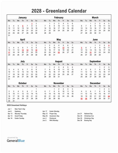 2028 Greenland Calendar With Holidays