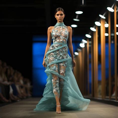 Premium AI Image A Model Walks Down A Runway Wearing A Blue Dress