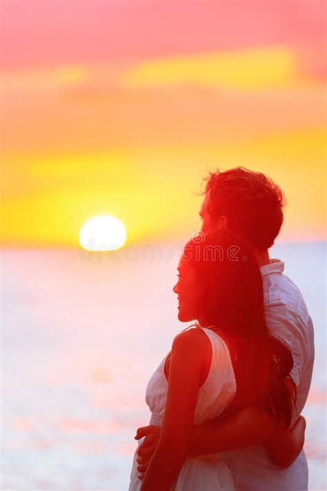 Romantic Couple In Hug Watching Sunrise Sunset Togetheryoung Man And