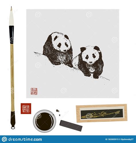 Chinese Or Japanese Art Set With Brush Ink Stamp And Panda