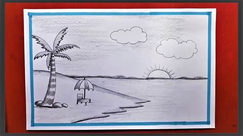 Sea Beach Scenery Drawing Easy Drawing For Beginners Pencil Art