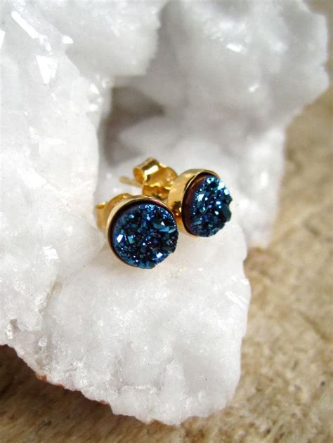 Tiny Blue Druzy Studs Titanium Drusy Quartz Gold Vermeil Bezel Set