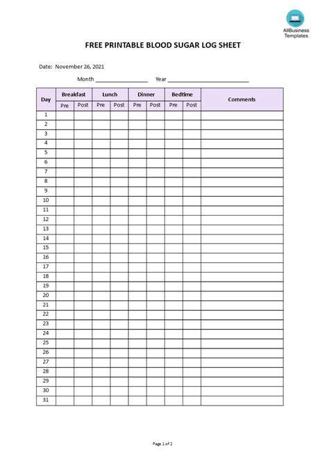Free Printable Monthly Blood Glucose Log Sheet Printable Templates
