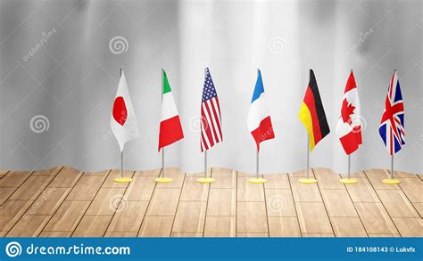 G7 climate and environment ministers issue communiqué, plus other related papers and reports, including the chair's summary of the g7 veterinary officers' meeting, may 21, 2021. G7 Summit Or Meeting Concept. Row From Flags Of Members Of ...