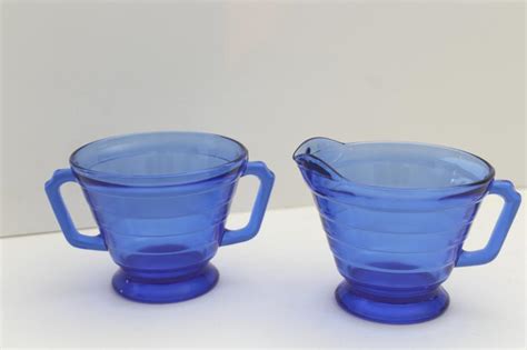 Vintage Cobalt Blue Depression Glass Cream Pitcher Sugar Bowl Hazel