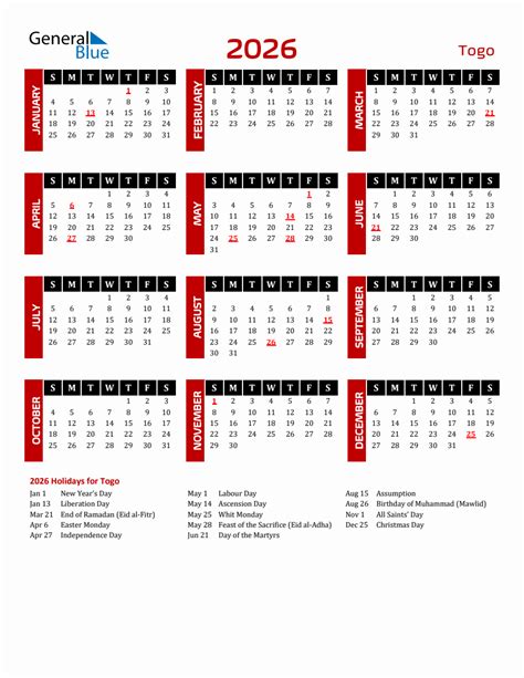 Togo 2026 Yearly Calendar Downloadable