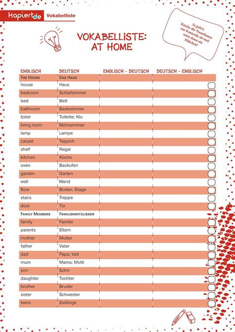 vokabelliste zum thema at home mit vielen praktischen vokabeln zum lernen und auffrischen