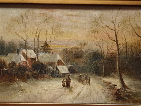 Genuine 19th Century Winters Scene Oil Painting In The Snow
