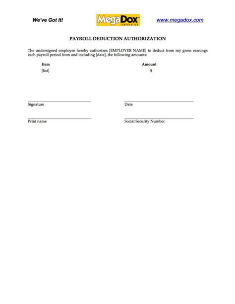 Printable Employee Payroll Deduction Authorization Form Legal Forms