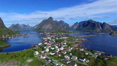 Aerial Footage Of Beautiful Town Of Reine On Lofoten Islands In Norway